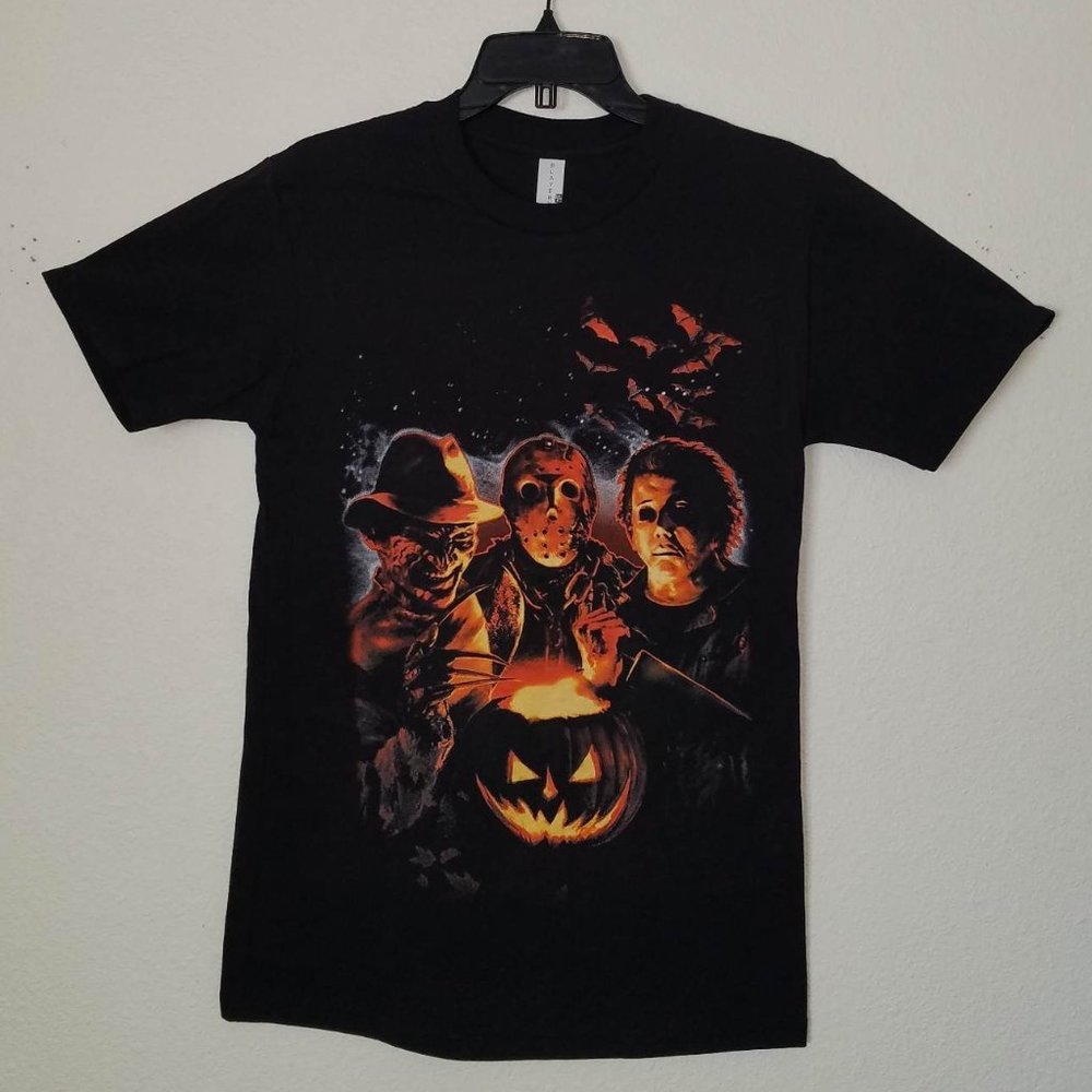 "Horror Campfire Trio" Freddy, Jason & Michael Myers Unisex T-Shirt – Small–3XL